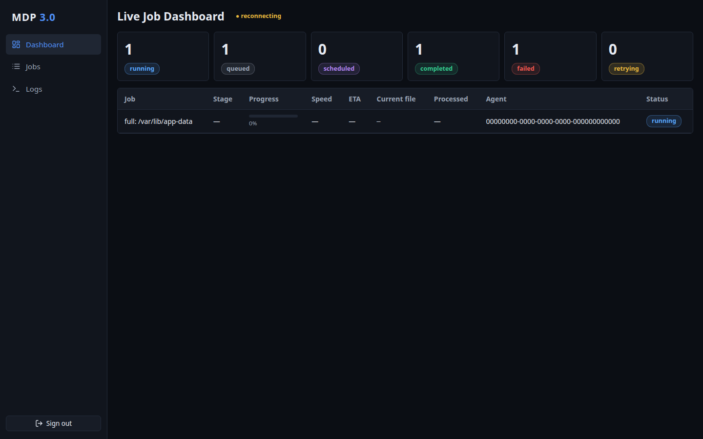Velix live job dashboard